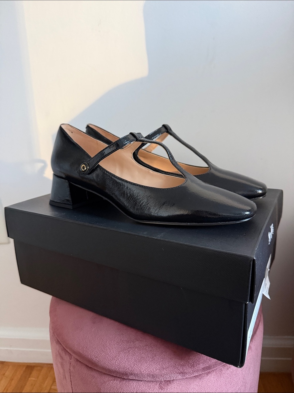 Coach Black Patent T-Strap Low Block Mary Jane Heel Pumps